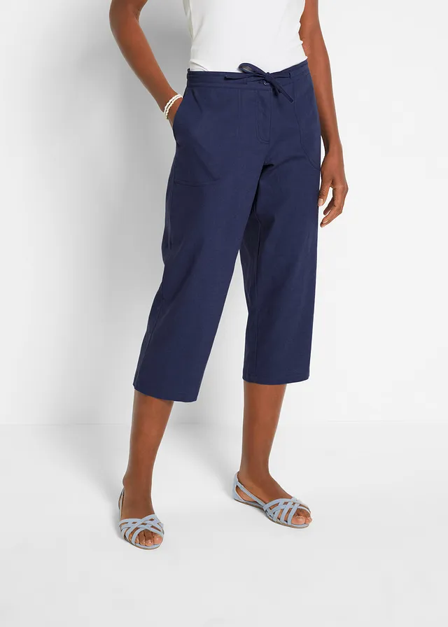 Pantalon 3/4 en lin majoritaire, Couleur: bleu profond