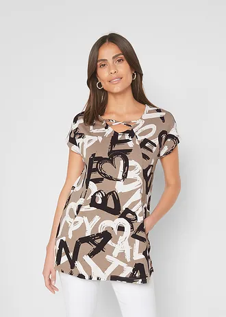 Longshirt, Kleur: taupe-zwart-wit gedessineerd