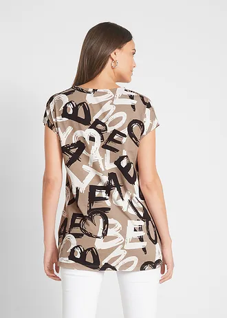 Longshirt, Kleur: taupe-zwart-wit gedessineerd