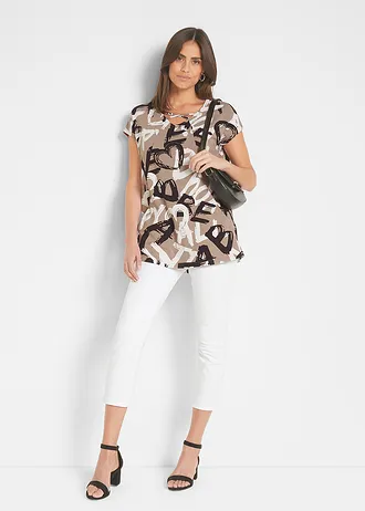 Longshirt, Kleur: taupe-zwart-wit gedessineerd