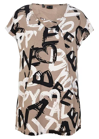 Longshirt, Kleur: taupe-zwart-wit gedessineerd