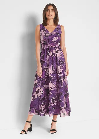 Maxi jurk van chiffon, Kleur: prune gebloemd