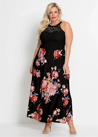 Robe longue à imprimé floral et dentelle, Couleur: noir/rose floral