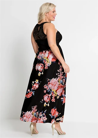 Robe longue à imprimé floral et dentelle, Couleur: noir/rose floral