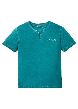 T-shirt col tunisien, aspect délavé, 100% coton, Couleur: turquoise cobalt imprimé