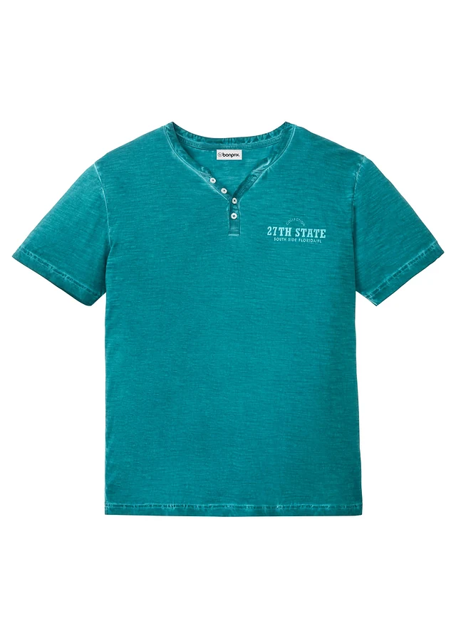 T-shirt col tunisien, aspect délavé, 100% coton, Couleur: turquoise cobalt imprimé