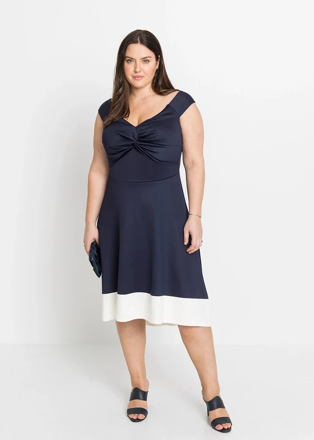 Carmen jurk met knoopdetail, Kleur: donkerblauw/wit