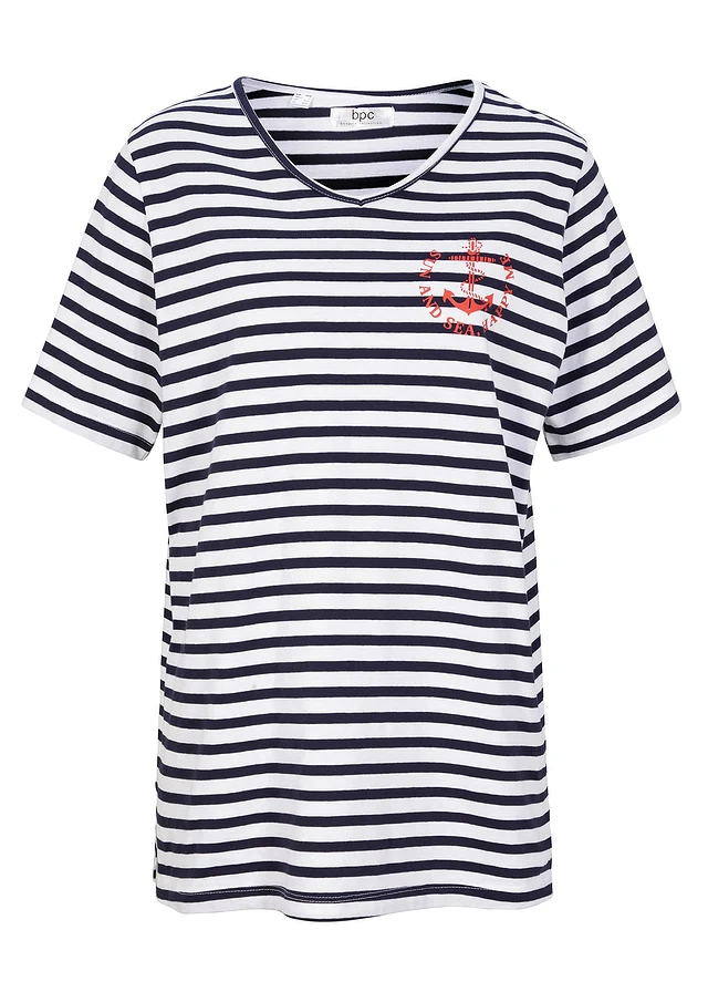 T-shirt 100% coton, Couleur: blanc-bleu foncé rayé