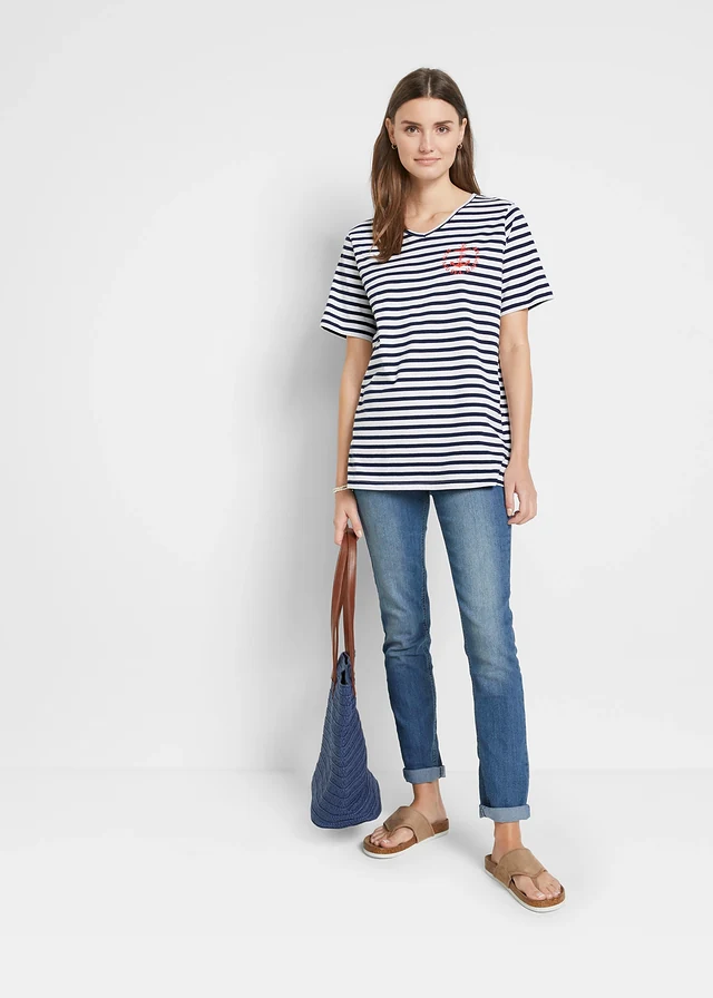 T-shirt 100% coton, Couleur: blanc-bleu foncé rayé