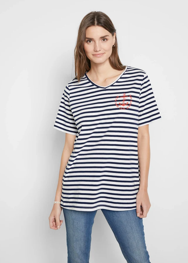 T-shirt 100% coton, Couleur: blanc-bleu foncé rayé