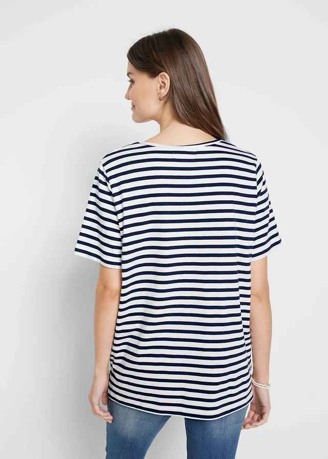 T-shirt 100% coton, Couleur: blanc-bleu foncé rayé