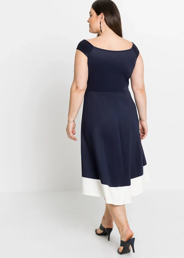 Robe à col Bardot et détail nœud, Couleur: bleu foncé   blanc