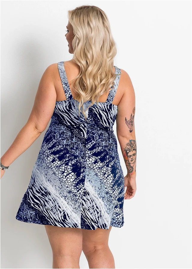 Robe trapèze en jersey, Couleur: bleu/blanc imprimé