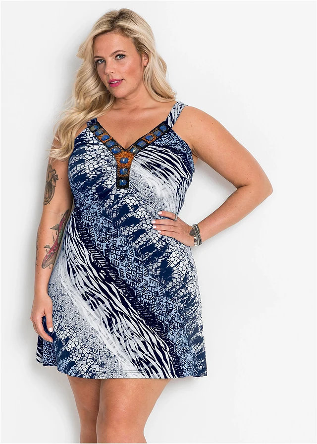 Robe trapèze en jersey, Couleur: bleu/blanc imprimé