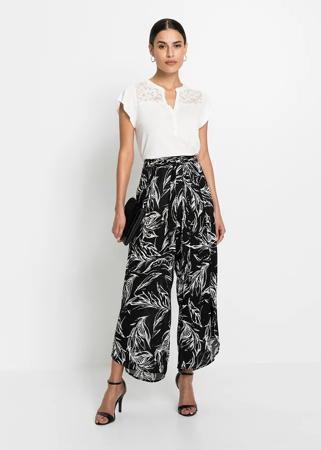 Broek van soepele viscose, Kleur: zwart-wit gebloemd