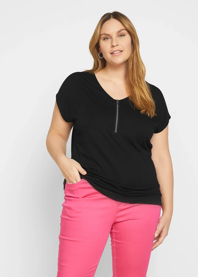 Shirt met ritssluiting, korte mouw, Kleur: zwart