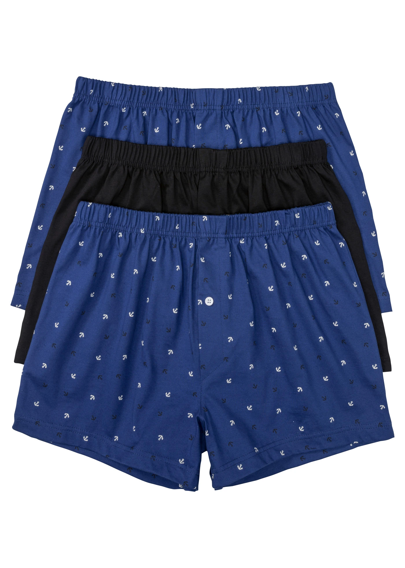 Volné žerzejové boxerky (3 ks v balení) • tmavě modrá s potiskem + černá • bonprix obchod