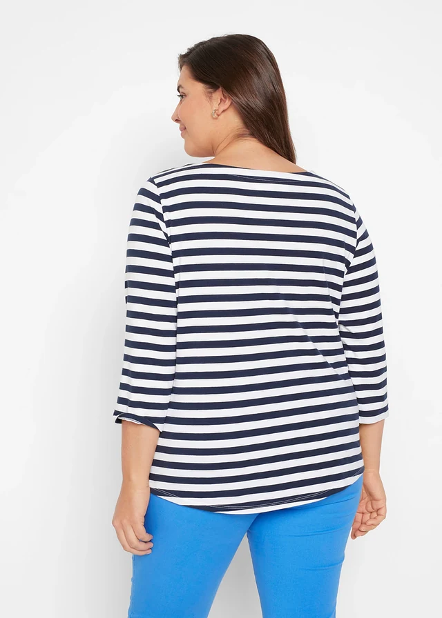 Shirt met 3/4 mouwen en boothals, Kleur: wit-donkerblauw gestreept