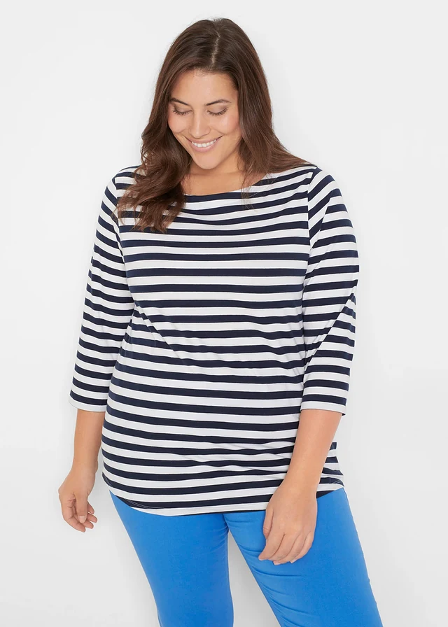 Shirt met 3/4 mouwen en boothals, Kleur: wit-donkerblauw gestreept