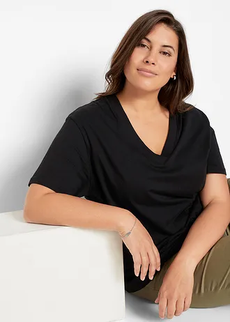 Wijd longshirt met V-hals, korte mouw  (set van 5), Kleur: zwart + hibiscuspink + lichtgrijs gemêleerd + wit + donkerblauw