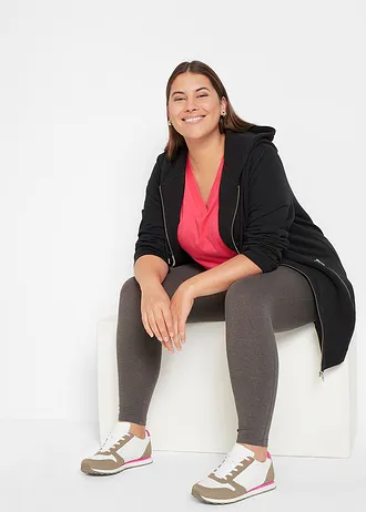 Lot de 5 T-shirts longs et amples à col V, Couleur: noir + rose hibiscus + gris clair chiné + blanc + bleu foncé