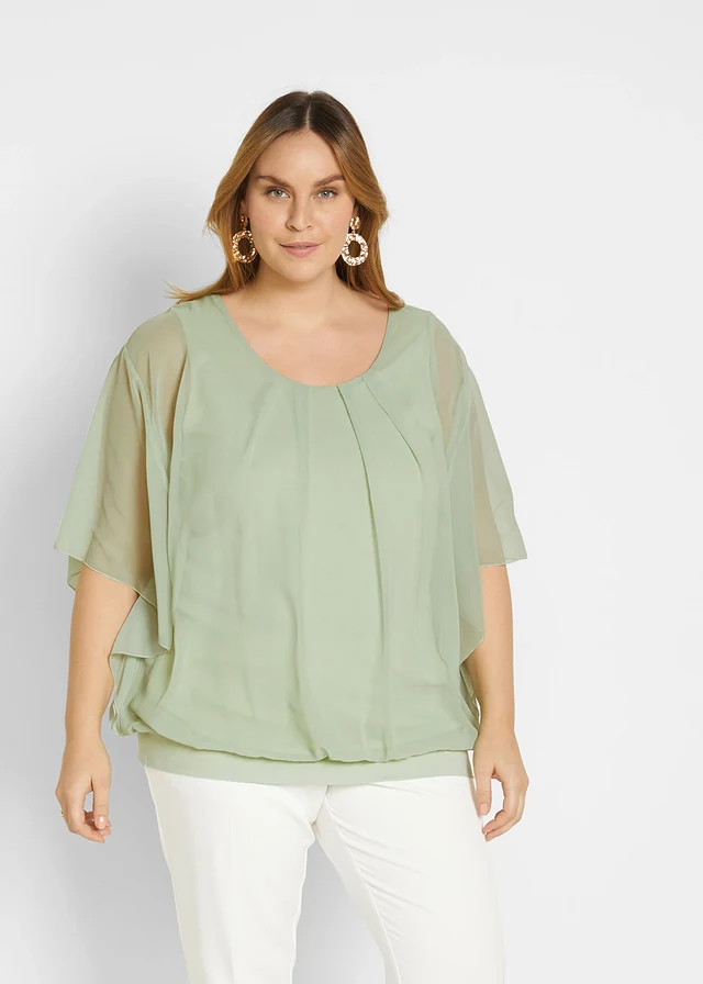 Bluză din șifon cu top, culoare: verde-salvie soft