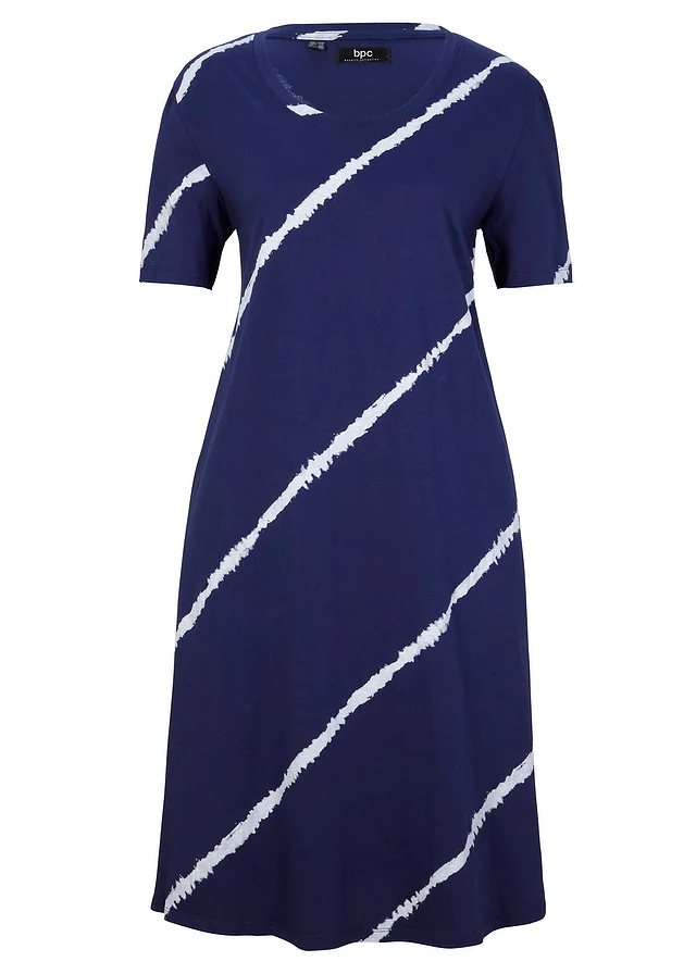 Robe trapèze en jersey de coton avec poches, long. genou, Couleur: bleu nuit/blanc imprimé
