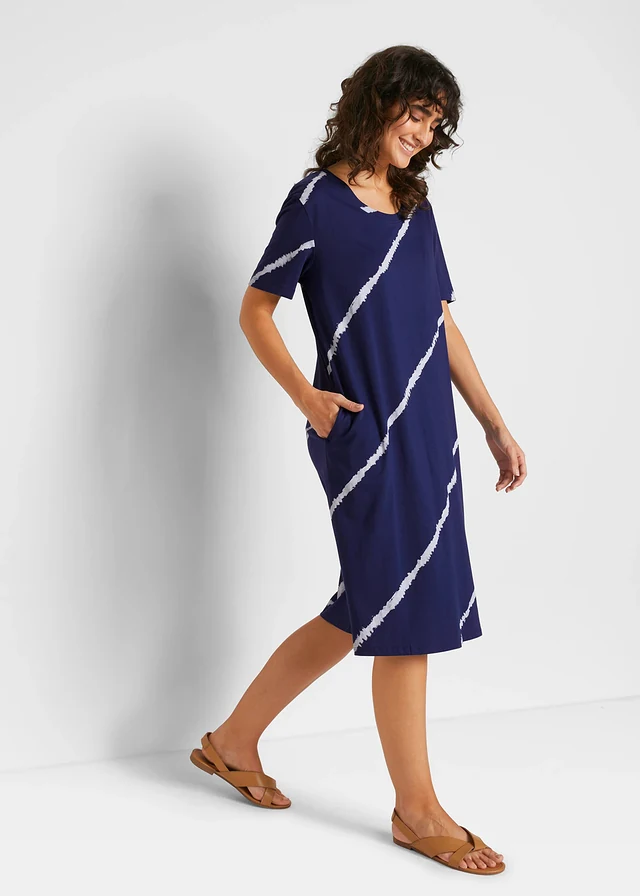 Robe trapèze en jersey de coton avec poches, long. genou, Couleur: bleu nuit/blanc imprimé