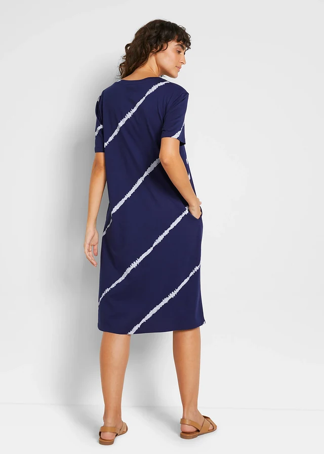 Robe trapèze en jersey de coton avec poches, long. genou, Couleur: bleu nuit/blanc imprimé