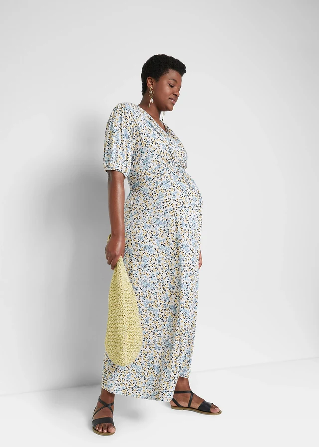 Robe longue de grossesse et d'allaitement en jersey, Couleur: bleu brume à fleurs