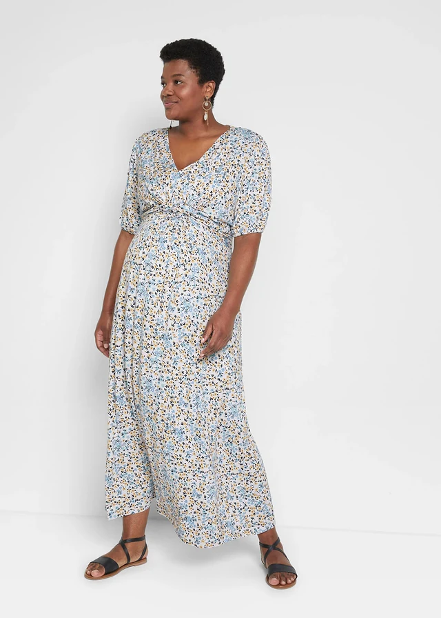 Robe longue de grossesse et d'allaitement en jersey, Couleur: bleu brume à fleurs