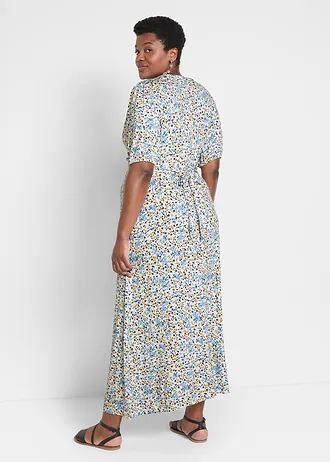 Maxi těhotenské/kojící šaty z žerzeje, barva: nebesky modrá s květy