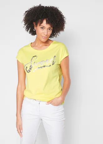 Shirt met pailletten, Kleur: lemon-zilver met print