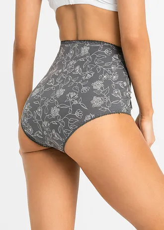 Figi z wysoką talią z bawełną (4 pary) • szary + matowy srebrny w kwiaty + matowy srebrny • sklep bonprix