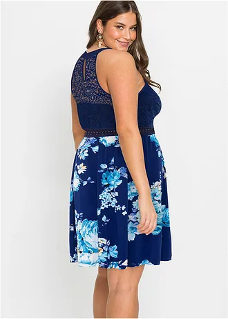 Robe en jersey à dentelle, Couleur: bleu foncé-violet-rose à fleurs