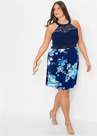 Jersey jurk met kant, Kleur: donkerblauw-paars-roze gebloemd