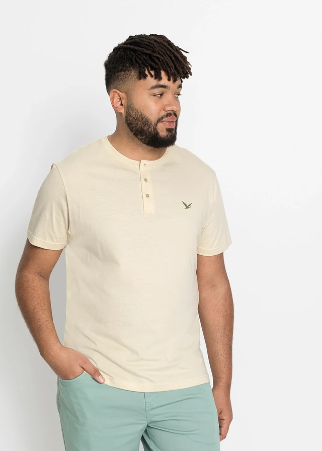 Lot de 3 T-shirts col tunisien 100% coton, Couleur: olive + beige + bleu foncé