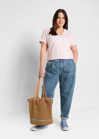 Wijd longshirt met V-hals, korte mouw (set van 5), Kleur: kristalroze + pastelmint + mat aqua + rooklila + wit