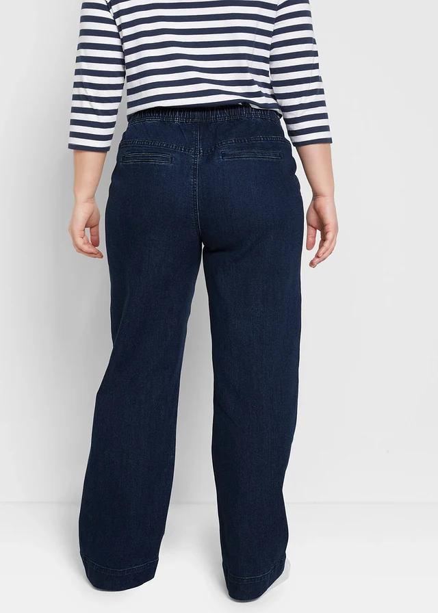Jean large taille mi-haute, extensible, Couleur: bleu foncé denim