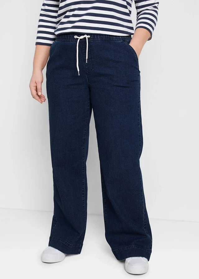 Jean large taille mi-haute, extensible, Couleur: bleu foncé denim