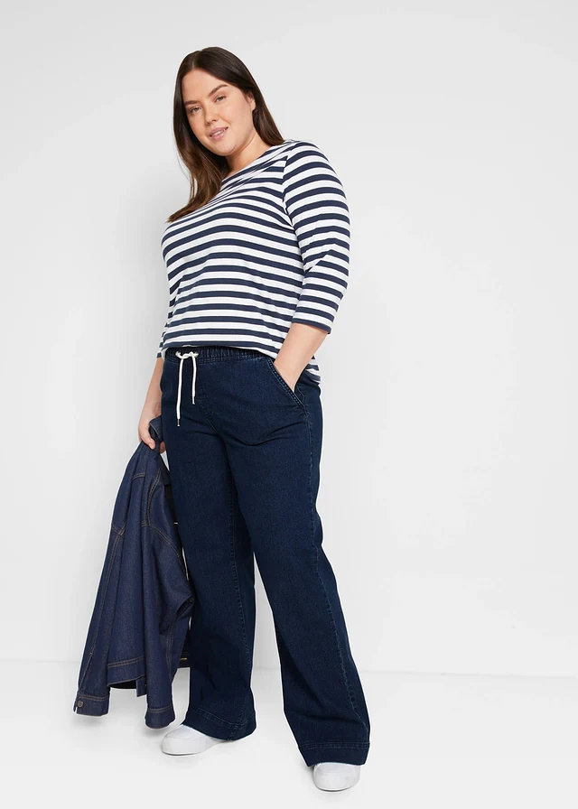 Jean large taille mi-haute, extensible, Couleur: bleu foncé denim