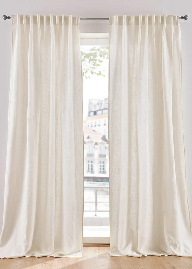 Katoenen gordijn met linnen (1 stuk), Kleur: crème