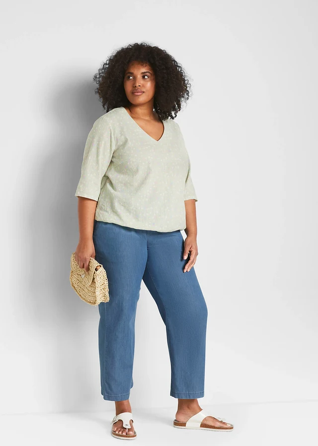 Jean large, taille haute, cropped, Couleur: bleu clair denim