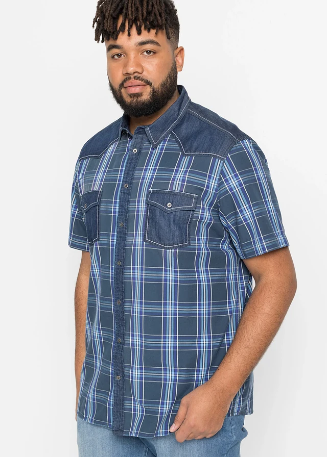 Overhemd met denim details en korte mouwen van katoen, Kleur: blauw geruit