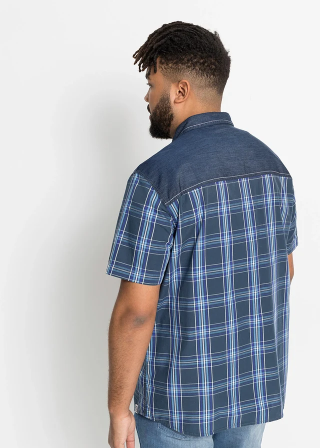 Overhemd met denim details en korte mouwen van katoen, Kleur: blauw geruit