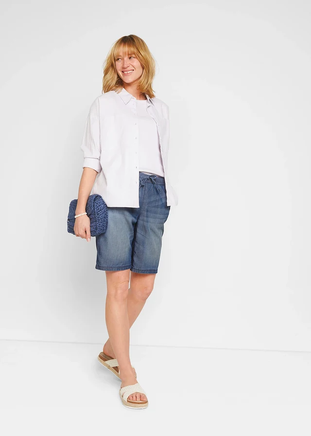 Short en denim léger avec lin, Couleur: bleu denim