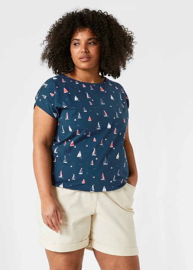 T-shirt décontracté, manches courtes, Couleur: bleu foncé imprimé