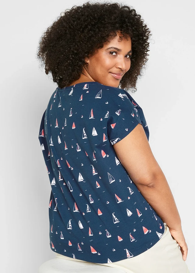 T-shirt décontracté, manches courtes, Couleur: bleu foncé imprimé