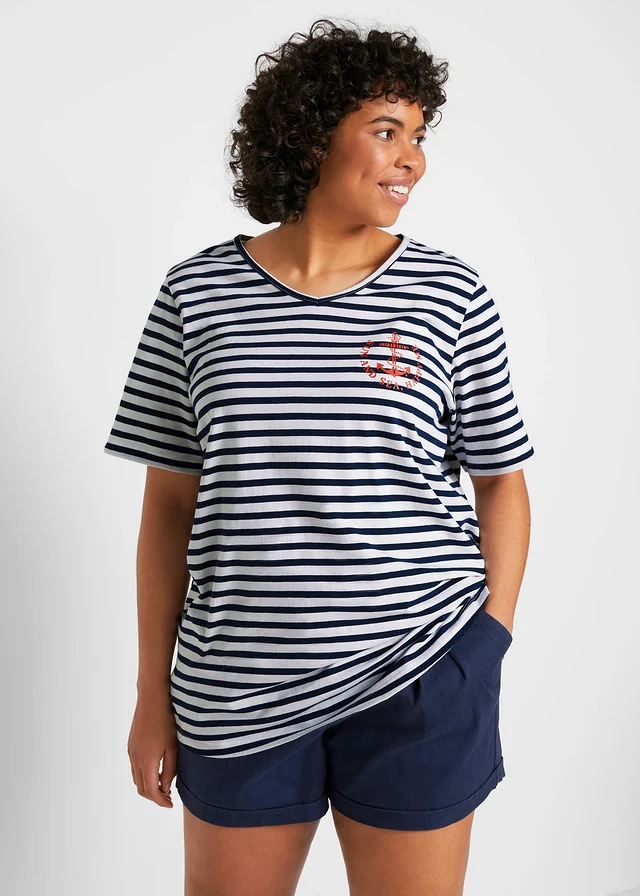 T-shirt 100% coton, Couleur: blanc/bleu foncé rayé
