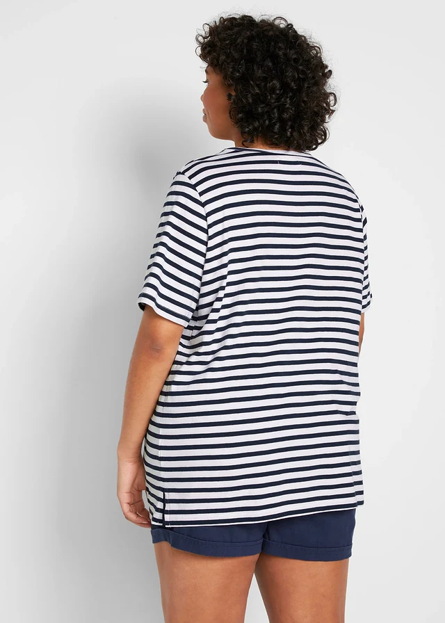 T-shirt 100% coton, Couleur: blanc/bleu foncé rayé